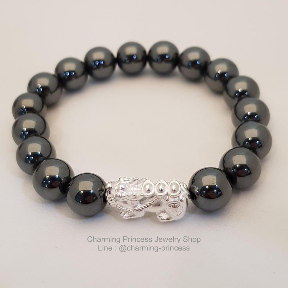 Hematite เฮมาไทต์ Hematite 10 มม ประดับปีเซี๊ยะเงินแท้ แบกทอง 3 ก้อน