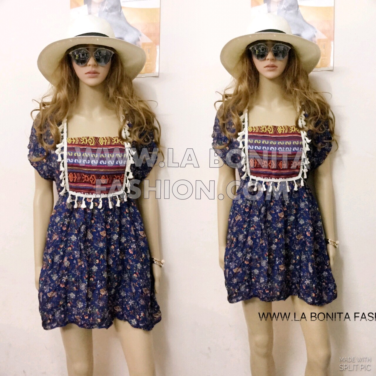 เดรสสั้นทรงสวยน่ารักสไตล์โบฮีเมียนช่วงอกตัดต่อด้วยผ้าลายชนเผ่า