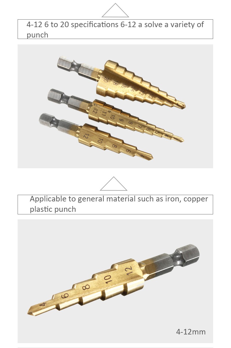 ST08 ดอกเจาะคว้านรู ดอกเจาะขั้นบันได Step Drill ชุบไทเทเนียม เจาะ ไม้ เหล็ก ยกชุด 3 ดอกเบอร์ มิล