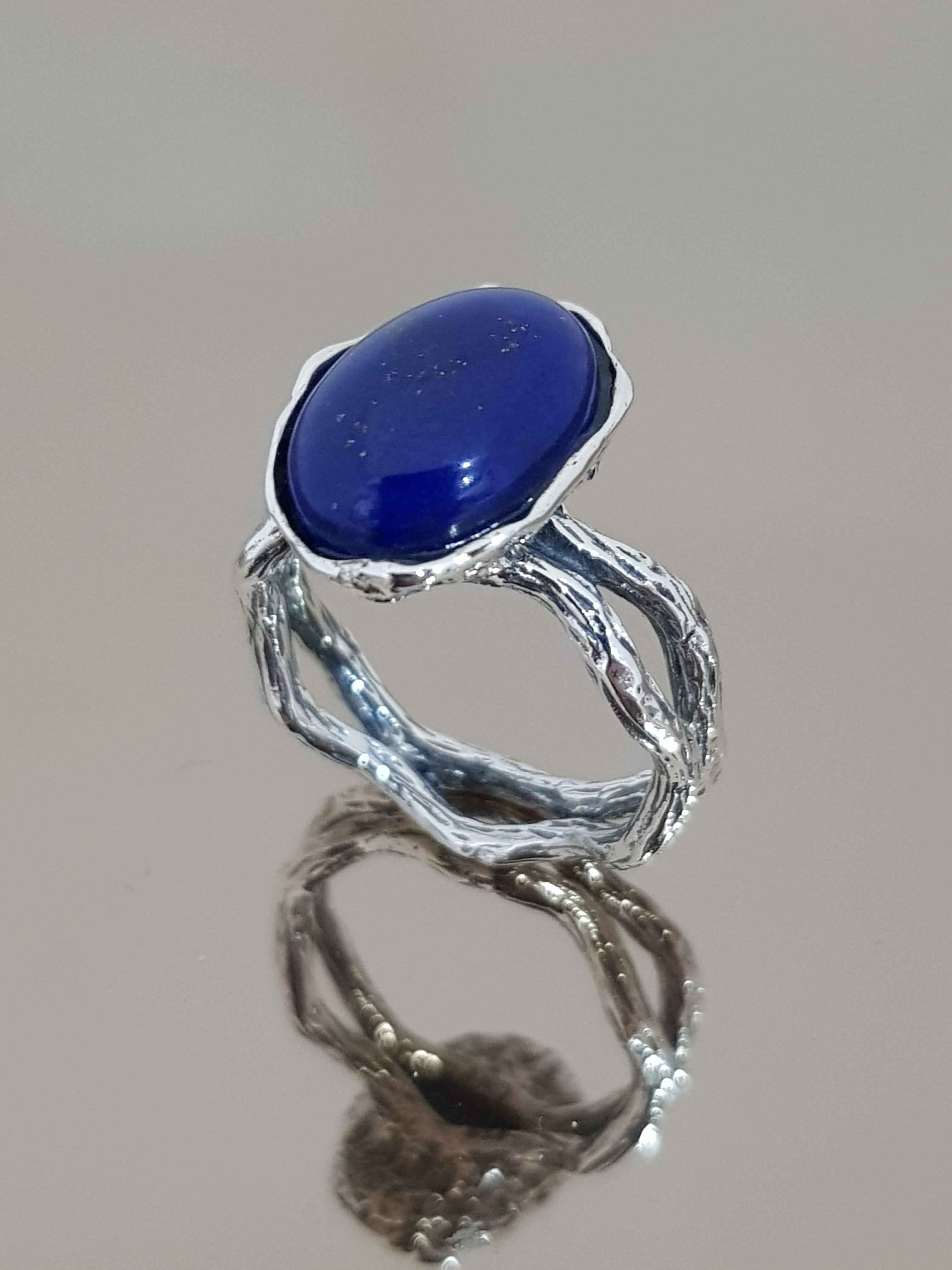 แหวนลาพิสลาซูลี แหวนหินนําโชค เงินแท้ 925 ขนาด รูปไข่ 14x10 มม 925 Sterling SIlver Lapis Lazuli Oval 14x10 mm Natural Inspired Ring