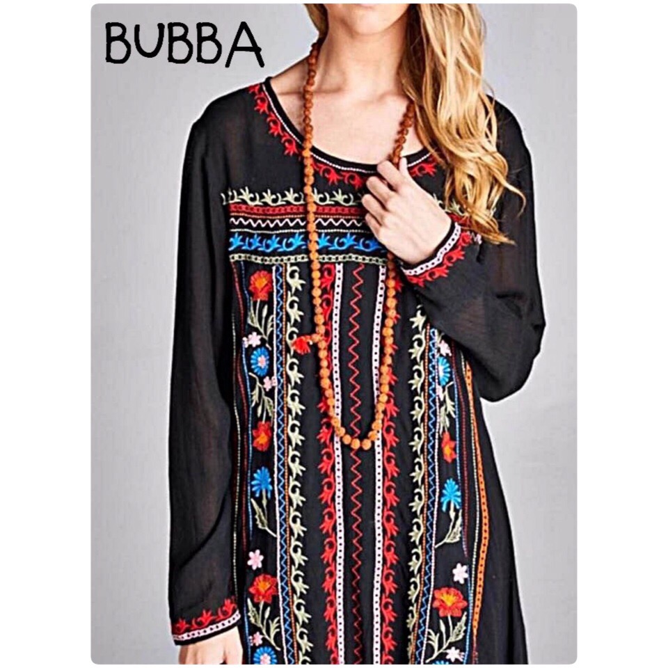 Boho Dresses มินิเดรส แขนยาว ทรงA ผ้าสปันปักลายStyle Boho ด้านหน้าด้วยงานปราณีต