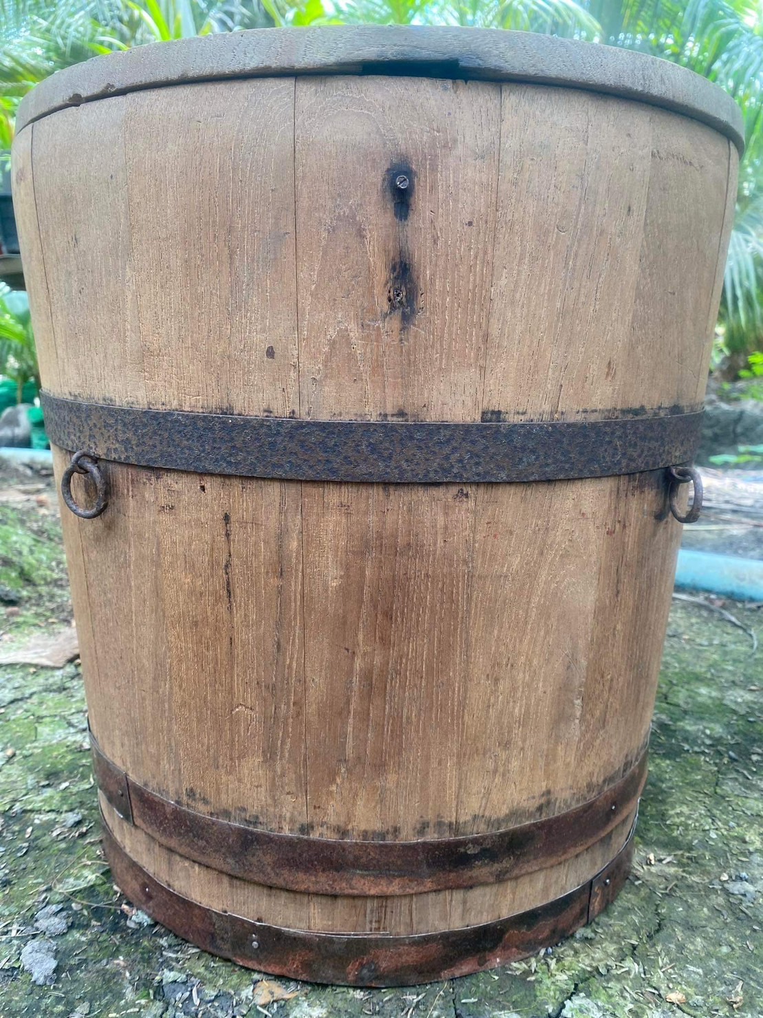 ถังข้าวไม้สักมีฝาปิด ถังไม้สักพร้อมฝาปิดมือสอง สภาพเก่าแท้ ถังหมักถั่วเขียวแบบโบราณ