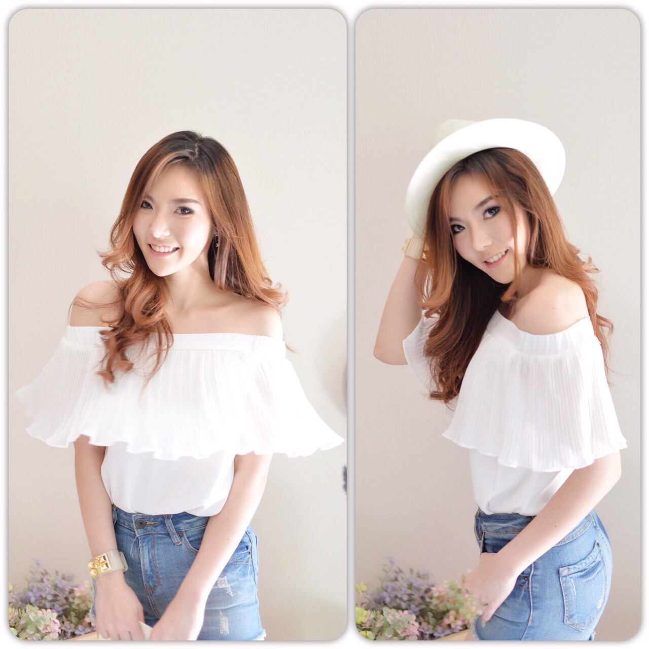 New Collection ผ้าเนื้อทรายหนานุ่ม ทรงปาดไหล่ ใส่ยางยืดขอบใหญ่ ระบายอัดพรีทสวยหรูมากค่ะ แบบCPS ชนชอปจ้า