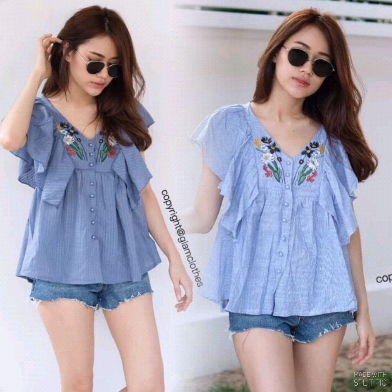 New!! zara top เสื้อแขนระบาย ผ้าฝ้ายทอ ไม่หนาค่ะ เนื้อบาง มีปักลายดอกที่หน้าอก ติดกระดุมเรียงด้านหน้า สไตล์สาว zara ค่า