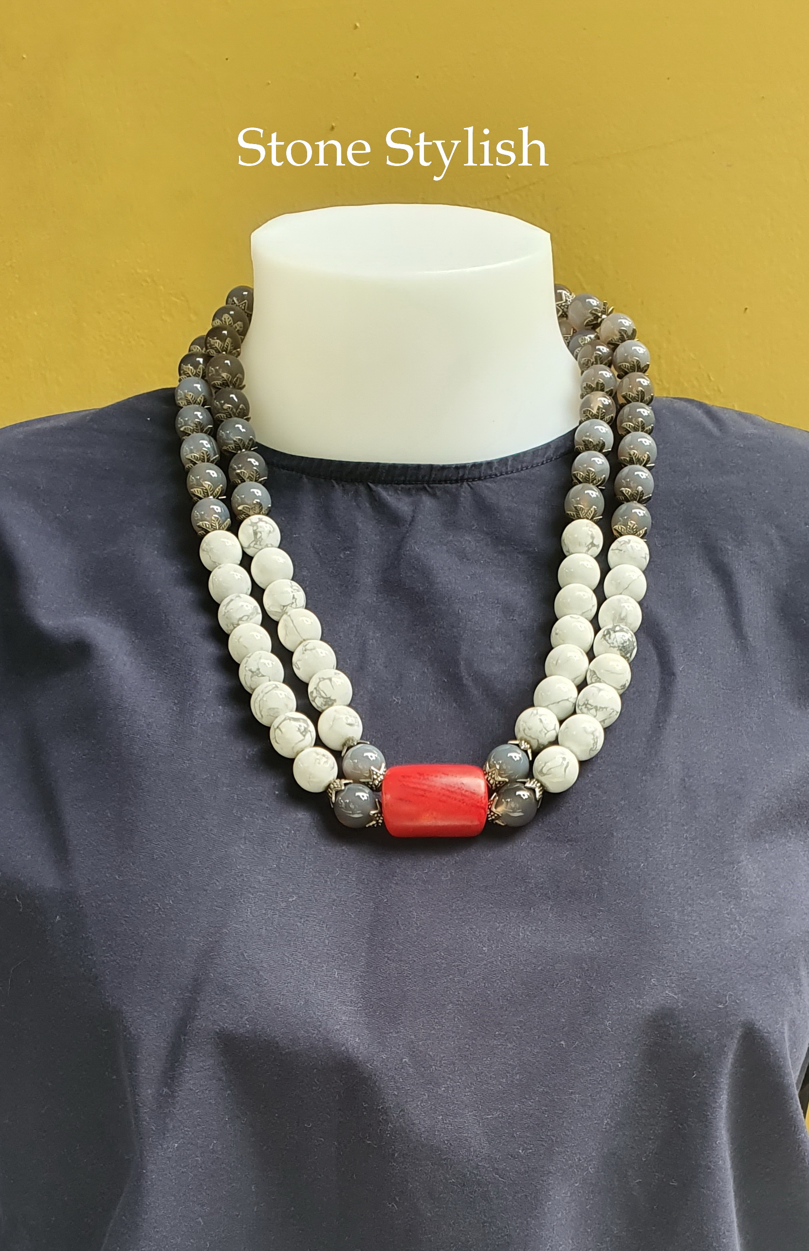 สร้อยคอหินโฮไลท์+อะเกต์สีเทาเข้ม หัวปะการังแดง # ลด 50% #