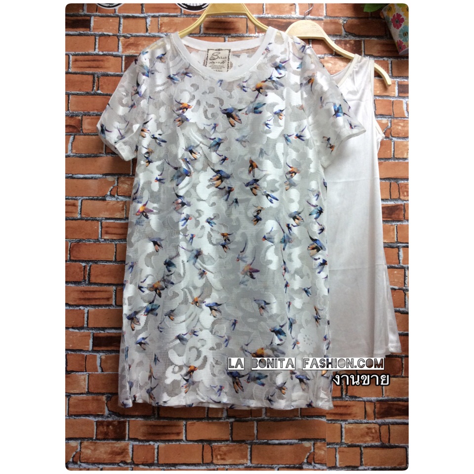 !!!Best - Sellerเดรสผ้าลูกไม้ตาข่ายเนื้อผ้านิ่ม ลายนก สไตล์ Zara มาพร้อมเสื้อกล้ามซับในเนื้อดีผ้านุ่มลื่นยืดหยุ่นได้เยอะ