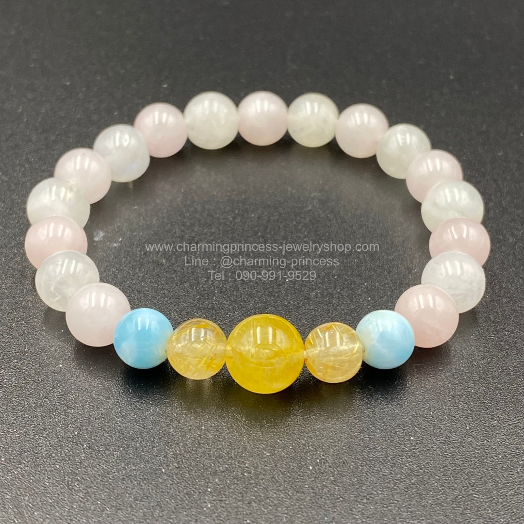 "LOVE AND RICH" Gold Rutilated Quartz 8-10 mm , Larimar 8 mm, Rose Quartz Madagascar, 10 mm Moonstone 10 mm ไหมทอง ลาริมาร์ โรสควอทซ์ มาดากัสการ์ มูนสโตน