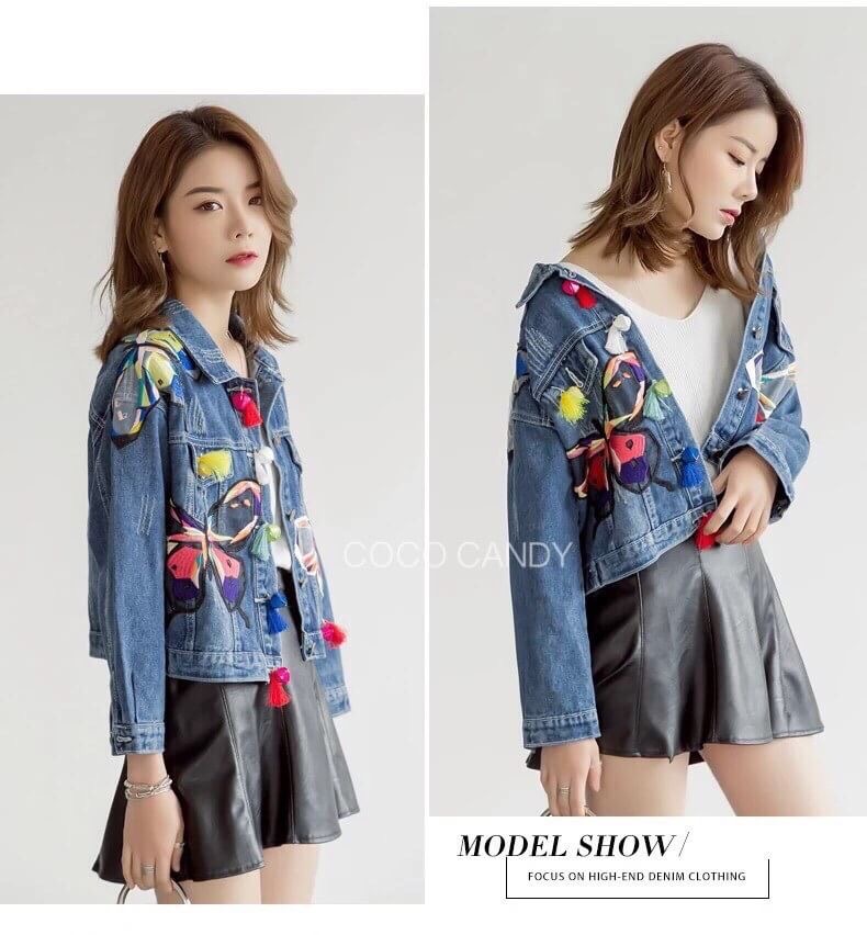 Butterfly Mosaic Embroidery Denim Jacket แจ็คเก็ตยีนส์ปักลายผีเสื้อลายปักใช้สีสลับสวยมากๆ