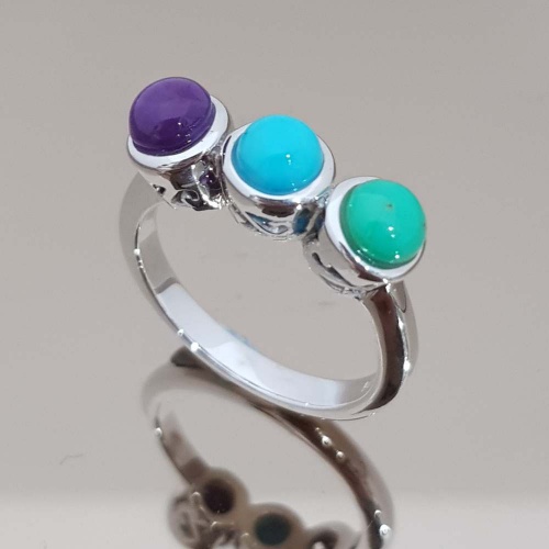 แหวนหินนําโชค เงินแท้ เทอร์ควอยซ์ 925 แหวนหินสีนําโชค หลายชนิด หลากสี 925 Sterling SIlver4 mm Multi Color Turquoise Multi Color Gemstone Ring