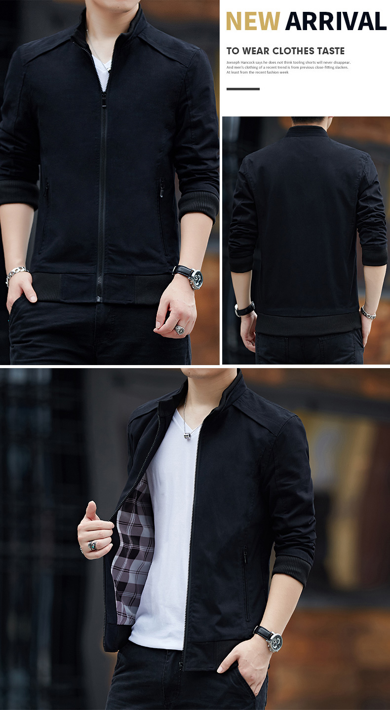 พร้อมส่ง เสื้อแจ็คเก็ต ผู้ชาย สีดำ ซิปหน้า คอปีน แต่งคอ สีดำ แจ็คเก็ตแฟชั่นชาย
