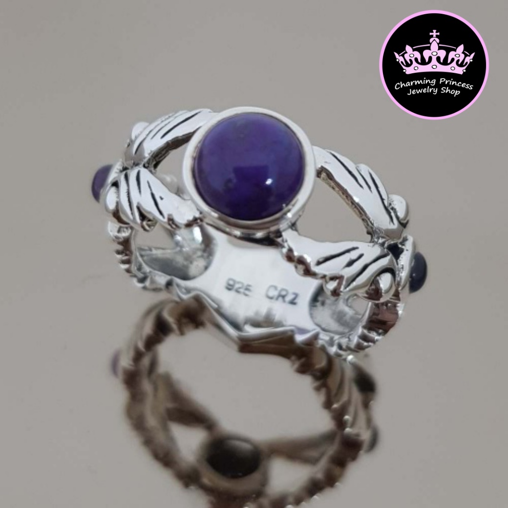 แหวนเทอร์ควอยซ์สีม่วง แหวนหินนําโชค เงินแท้ 925 พลอยขนาด พลอยขนาด กลม 8 มม / 1 เม็ด กลม 2 มม / 2 เม็ด 925 Natural Inspied Design Purple Turquoise Butterflies Sharnk Ring