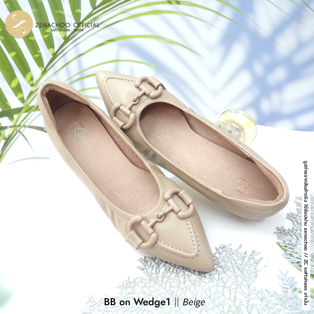 รุ่นขายดี ปรับความสูง ทรงปกติ เปลี่ยนไซส์ได้-ไม่รับคืน พื้นนิ่ม Zenachoo BB on Wedge1 สูง 1 นิ้ว รองเท้าหนังแกะแท้ ใส่สบายมาก