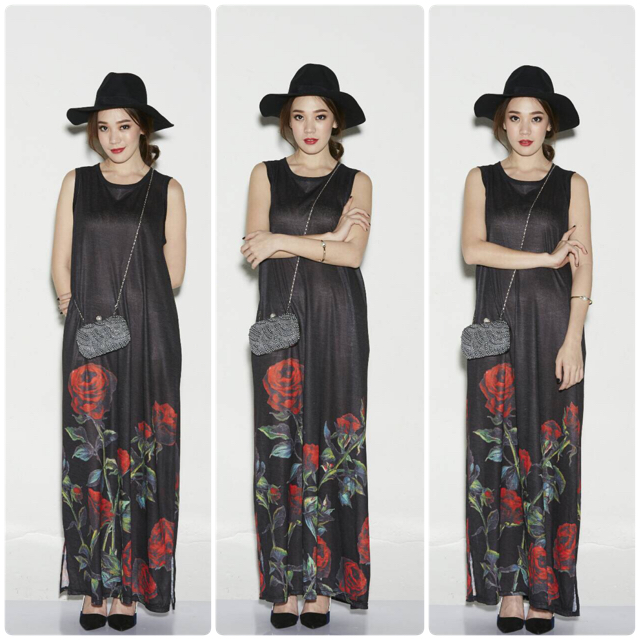 เดรสยาวแขนกุด ผ้าปริ้นลายดอกกุหลาบสีแดง ผ้าเบาใส่สบายไม่ร้อนค่ะ