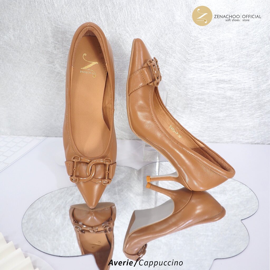 ทรงปกติ เปลี่ยนไซส์ได้-ไม่รับคืน Zenachoo รุ่น Averie สูง 3 นิ้วคัทชูหนังแกะแท้ หัวแหลมทรงสวยมาก