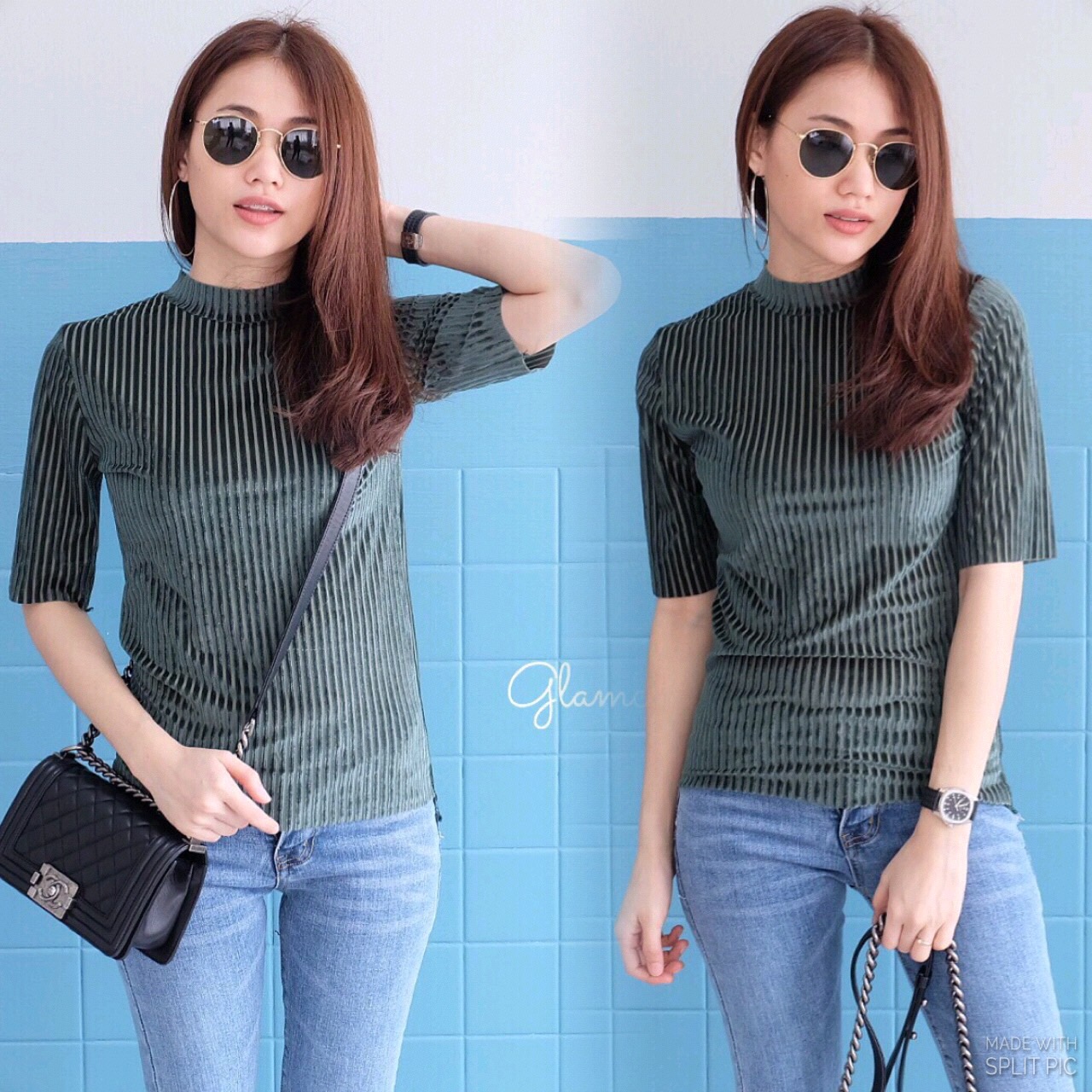 New!! velvet pleated เสื้อคอกลมเนื้อผ้ากำมะหยี่สลับซีทรูบาง ตัวนี้น่ารักค่ะ ใส่สวย คอเต่านิดๆ แต่ไม่ร้อน เพราะเนื้อไม่หนา ใส่สบายมากค่ะ