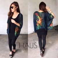 เสื้อคลุมผ้าชีฟองลายดอกไม้ สีกรม