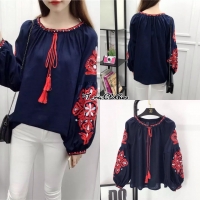 เสื้อแฟชั่นเกาหลี ปักสวยสไตล์โบฮีเมียน สีกรม