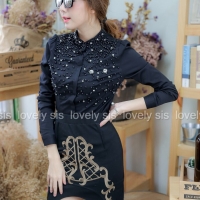 เสื้อเชิ้ตคอจีน สีดำ ประดับมุกดำ