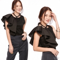 Bodysuit เสื้อแขนกุดแต่งระบายสวยเริด สีดำ