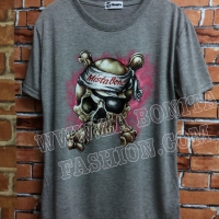 เสื้อยืดเนื้อบางสกรีนลายกะโหลก Mista Bone แบบคุณชมพูใส่สีเทา