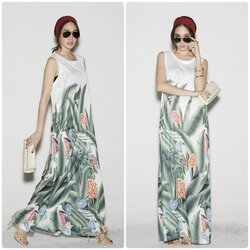 เดรสยาวแขนกุด ผ้าสลาฟปริ้นลายสวยผ้าใส่สบาย เดรสไปเที่ยวทะเล คาเฟ่ เดินห้างฯ ใส่ได้หลายโอกาสค่ะ