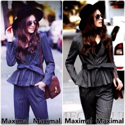 เสื้อสูทลายทางตรงชายระบายบานพร้อมเข็มขัดผ้า มาพร้อมป้ายคอ Christian Dior