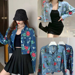 เสื้อครอปยีนส์แขนยาวลายดอกกุหลาบ งานป้าย ypy