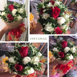 ช่อดอกกุหลาบ สีขาว แดง