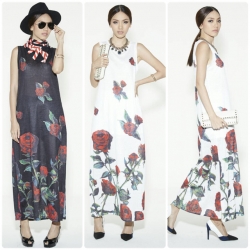 เดรสตัวยาวทรงหรู ปริ้นลายดอกกุหลาบสีแดง ใส่ได้หลายโอกาสแนะนำค่ะ