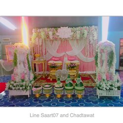 พิธีสงฆ์ ฉากพระ อาสนะ โต๊ะบูชา พิธีรดน้ำสังข์