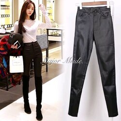 skiny กางเกงหนังสีดำ ทรงสวย เอวสูงมาก