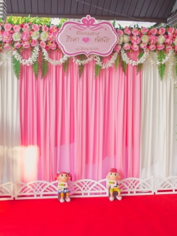 ซุ้มถ่ายภาพงานเกิด ดอกไม้แห้ง ธีมชมพูขาว