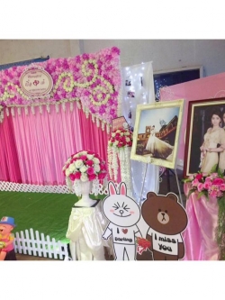 ซุ้มถ่ายภาพงานแต่ง ดอกไม้แห้ง ธีมชมพูขาว