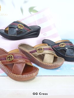 ทรงปกติ เปลี่ยนไซส์ได้-ไม่รับคืน Zenachoo รุ่น Gg Cross สูง 2 นิ้ว รองเท้าสุขภาพ หนังแท้ 100% นิ่มสบาย ไม่ปวดขา