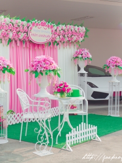 ซุ้มถ่ายภาพงานเกิด ดอกไม้แห้ง ธีมชมพูขาว