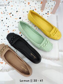 ทรงปกติ เปลี่ยนไซส์ได้-ไม่รับคืน พื้นนิ่มรับโค้งเท้าสุด Zenachoo La mun สูง 1 นิ้ว รองเท้าหนังแกะแท้ หัวมน ใส่สบายมาก