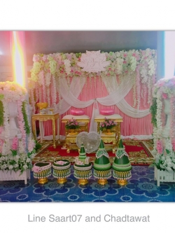 พิธีสงฆ์ ฉากพระ อาสนะ โต๊ะบูชา พิธีรดน้ำสังข์