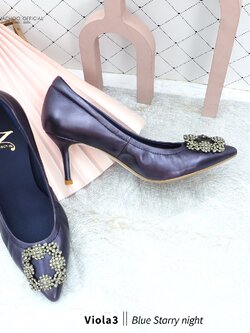 สีใหม่ ทรงปกติ:เปลี่ยนไซส์ได้-ไม่รับคืน รุ่นขายดี Zenachoo Viola3 สูง 3 นิ้ว สี Blue Starrynight รองเท้าหนังแกะแท้ หัวแหลมหน้ากว้าง