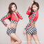 MOTOR008 ชุดมอเตอร์โชว์แขนยาวสีแดง ลายตารางงานเซ็กซี่เข้ารูปจ้า