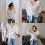 เสื้อเกาหลีสีขาวปักฉลุสวยๆ ทรงคอวีป้ายหน้าผูกโบว์เก๋ๆน่ารัก ากค่ะ