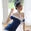 AIR072 ชุดแอร์สีน้ำเงินแบบเดรสปาดไหล่ ทรงสวยเวอร์