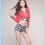 MOTOR008 ชุดมอเตอร์โชว์แขนยาวสีแดง ลายตารางงานเซ็กซี่เข้ารูปจ้า