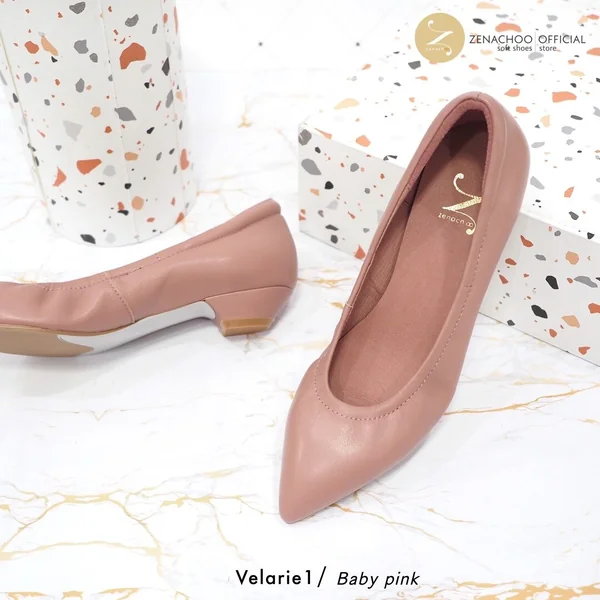 ทรงปกติ:เปลี่ยนไซส์ได้-ไม่รับคืน::Zenachoo รุ่นขายดี Velarie1 สูง 1นิ้ว สี Baby Pink รองเท้าหัวแหลมหนังแกะแท้