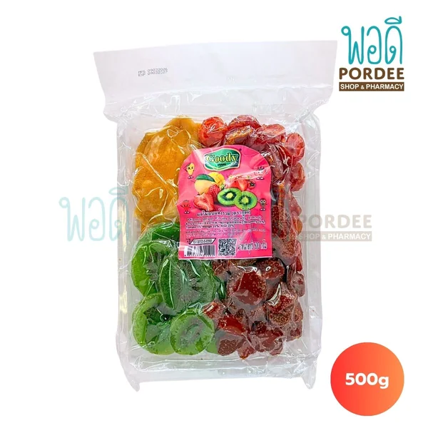 กู๊ดดี้ ผลไม้อบแห้งรวม (สตรอเบอร์รี่,มะเขือเทศ,มะม่วง,กีวี่) 500 กรัม กู๊ดดี้ ผลไม้อบแห้งรวม (สตรอเบอร์รี่,มะเขือเทศ,มะม่วง,กีวี่) 500 กรัม