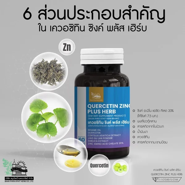 เควอซิทีน ซิงค์ พลัส เฮิร์บ Quercetin Zinc Plus Herb สมุนไพรบ้านพระอาทิตย์ 60 แคปซุล image 3 เควอซิทีน ซิงค์ พลัส เฮิร์บ Quercetin Zinc Plus Herb สมุนไพรบ้านพระอาทิตย์ 60 แคปซุล image 3