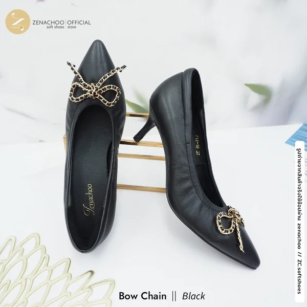 ทรงปกติ เปลี่ยนไซส์ได้-ไม่รับคืน ทรงที่ขายดีที่สุด Zenachoo รุ่น Bow Chain สูง 2 นิ้ว รองเท้าหนังแกะแท้ หนังนิ่ม พื้นนุ่ม image 3