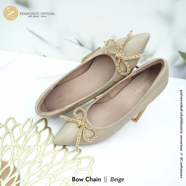 ทรงปกติ เปลี่ยนไซส์ได้-ไม่รับคืน ทรงที่ขายดีที่สุด Zenachoo รุ่น Bow Chain สูง 2 นิ้ว รองเท้าหนังแกะแท้ หนังนิ่ม พื้นนุ่ม image 5