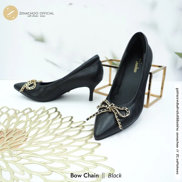 ทรงปกติ เปลี่ยนไซส์ได้-ไม่รับคืน ทรงที่ขายดีที่สุด Zenachoo รุ่น Bow Chain สูง 2 นิ้ว รองเท้าหนังแกะแท้ หนังนิ่ม พื้นนุ่ม image 2